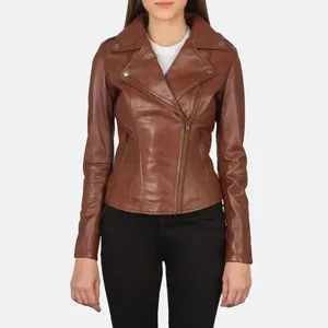 Echtes Leder Schaffell Aniline Reiß verschluss Flashback Brown Frauen Biker jacke mit geste pptem Viskose-Futter und Innen taschen