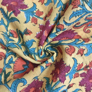<b>Yellow</b> Floral Hand Block Printed Cotton <b>Fabric</b> | Traditional Indian Mughal-Inspired Botanical Textile - Product Image 3