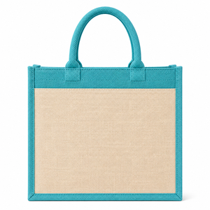 Bolsa de Yute Laminada Azul con Estampado de Mandala y Botón de Madera, Bolsa de Compras Reutilizable Ecológica para Exposiciones y Bodas - Product Image 5