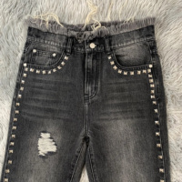 SALVA IMPEX Pantalon évasé pour femme, coupe ajustée, 100% Coton, délavé à l'acide, orné de strass et de patchs, respirant, écologique