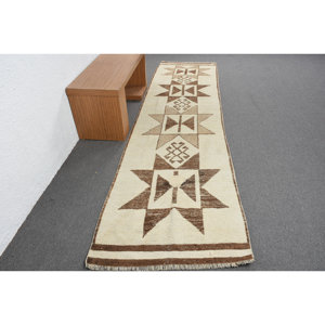 พรมขนสัตว์สีน้ำตาลเบจ11.6ft ชนบทขนาด3.1 x แบบแฮนด์เมดพรมปูพื้นสไตล์ตุรกีขนาดใหญ่สำหรับโถงทางเดินยางสี่เหลี่ยมสำหรับห้อง - Product Image 1