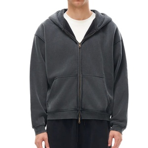 Custom Streetwear Men's <b>Zip</b> up <b>Hoodie</b> Washed <b>Black</b> Vintage Heavyweight Acid Wash Distressed <b>Zip</b> up <b>Hoodie</b> Printing Logo - Product Image 1