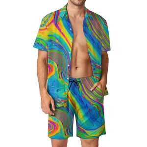 เซ็ตเสื้อฮาวายลำลองแขนสั้นของผู้ชายเสื้อมีกระดุมไนลอนพิมพ์ลายมัดย้อมพิมพ์ลายชายหาดสำหรับฤดูร้อน2024 - Product Image 2