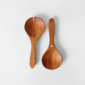 Mirha International Handicraft Salad Server <b>Set</b> of 2 Natural Wooden with 2 Turners Sustainable Handmade <b>Utensils</b> Size S - Product Image 1