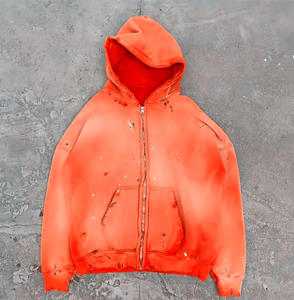 เสื้อฮู้ดผู้ชายโอเวอร์ไซส์ผ้า100% มีฮู้ดซักแบบวินเทจผ้าคอตตอนเทียมซิปเต็มตัวปรับแต่งลายนูนซีดจาง - Product Image 1