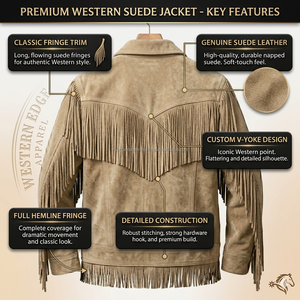 Custom Design Suede <b>Leather</b> Western Cowboy <b>Jacket</b> with <b>Long</b> Fringes Tassels Wholesale Cowboy Fringe <b>Jacket</b> - Product Image 3