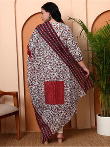 Ensemble kurta anarkali en coton cambric à imprimé floral avec dupatta pour femmes, tenue élégante blanche traditionnelle indienne - Product Image 3