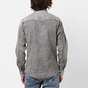 OEM/ODM Servicio de manga corta Henley Shirt Ropa casual High Street 230GSM Transpirable Hip Hop Hombres Vintage Denim Shirt - Product Image 3