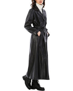 Classic Black Real Sheep Leather Men's Fleece Jacket Long Button Closure Lapel Collar <b>Belted</b> Faux Fur Lining Breathable - Product Image 6