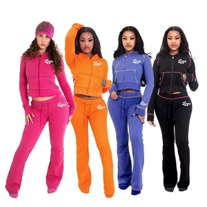 Chándales de punto de gofre personalizado para mujer, costura en contraste, cremallera, Sudadera con capucha recortada y pantalones de cintura elástica con parte inferior acampanada - Product Image 1