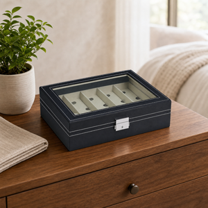 Caja organizadora de relojes de cuero con tapa de cristal, estuche de exhibición para relojes y gafas de sol - Product Image 2