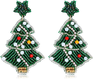 Boucles d'oreilles festives de Noël, design de sapin de Noël scintillant de saison avec perles et diamants, bijoux à perles - Product Image 4