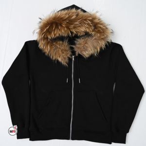 Sudadera con Capucha para Mujer, Negra, de Algodón, Manga Larga, con Ribete de Piel, Cierre Frontal con Cremallera, Diseño Sólido, Transpirable, Estilo Tejido, Ropa Urbana - Product Image 4