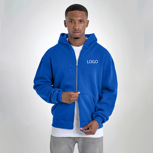 100% coton bleu Royal goutte épaule poids lourd fermeture éclair sweats à capuche Double fermeture éclair Boxy Street wear grande taille sweats à capuche hommes - Product Image 5