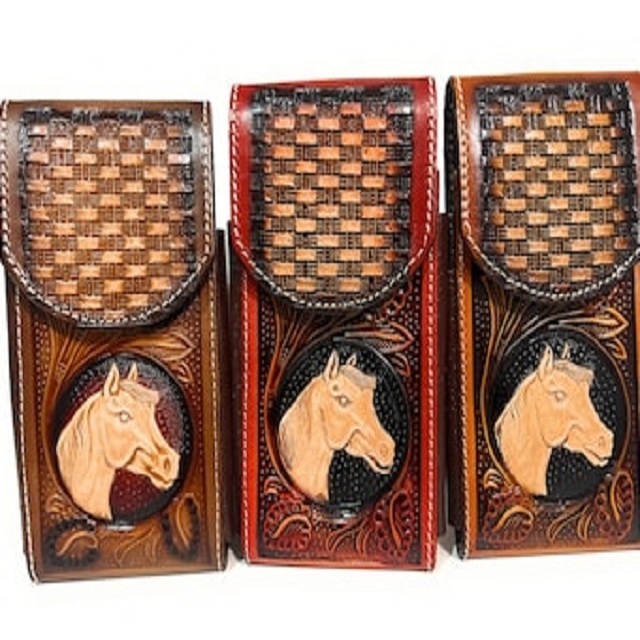 Handmade Western Genuine Cow Hide Leather Phone Wallet Case with Stron Magnetic Strap Personalised Floral Embossed Case