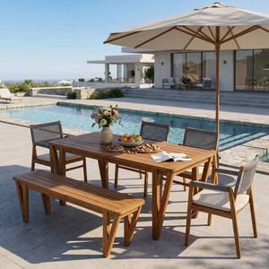 Outdoor <b>Garden</b> Dining Set Patio <b>Table</b> and <b>Bench</b> Furniture Woven Chair Set Poolside Deck Seating - Product Image 1