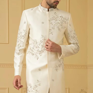 2024ผ้าไหมที่สง่างามเจ้าบ่าวเชอร์วานีกางเกงพราว zari ลูกปัดแก้วคริสตัลปักลาย dabka ชุดทำงาน rresham ขนาดพิเศษชุดสูทแต่งงาน - Product Image 1