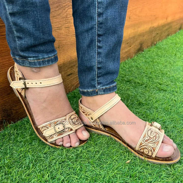Real Handmade Genuine Women Western Style Tooled Cowhide Leather Casual Outdoor Flipflop Flat Brown  Footwear Open Toe Sandal