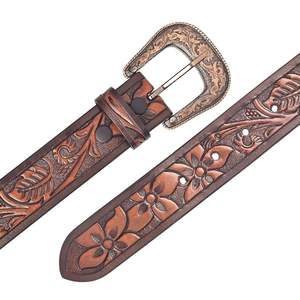Ceinture en cuir véritable sculptée à fleurs vintage artisanale avec longueur personnalisable et boucle ardillon en alliage - Product Image 2