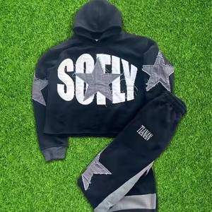 Men's Acid Wash Cropped Baggy Streetwear Styles Fleece <b>Hoodie</b> Flare Pants Set Custom Embroidery Patch Streetwear Pattern Print - Product Image 3