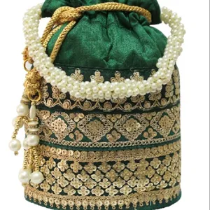 设计师金色扎里刺绣女式花盆包和珍珠手柄流苏手提包
