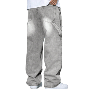 Mens Solid <b>Light</b> Grey Breathable Mid Carpenter Jeans Loose Fit Straight Leg Distressed Cargo Denim Pants Casual Streetwear - Product Image 2