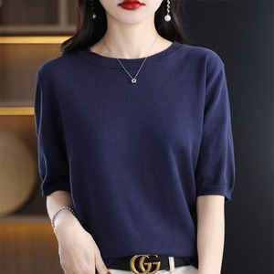 เสื้อสวมหัวผู้หญิงถักเสื้อยืดแขนสั้น 2024 ฤดูใบไม้ผลิ/ฤดูร้อนใหม่ O-คอเสื้อยืดผู้หญิงพื้นฐานสีทึบครึ่งแขน - Product Image 4