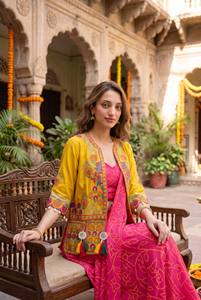 Pink Bandhani Chaniya Choli Yellow Embroidered <b>Jacket</b> Cowrie Shell Tassel Navratri <b>Dress</b> - Product Image 3