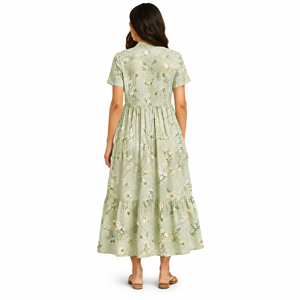 Robe longue bohème numérique vert clair à imprimé floral pour femme, manches courtes, boutonnée sur le devant, coupe décontractée, à volants, avec poches, pour l'été - Product Image 6