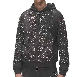 Venta al por mayor de sudaderas con diamantes de imitación Streetwear Unisex Oversized Zip up Suede Rhinestone personalizado sudaderas con capucha y sudadera para los hombres - Product Image 1
