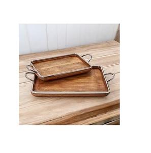 Plateau de service en forme de rectangle en bois massif avec poignée en métal Plat et assiettes à vendre - Product Image 2