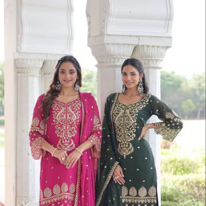 Faux Blooming Embroidered Kurti Pant Set Heavy Embroidered Work <b>Top</b> With Pant and Sequence Embroidered & <b>Lace</b> Border Dupatta - Product Image 1