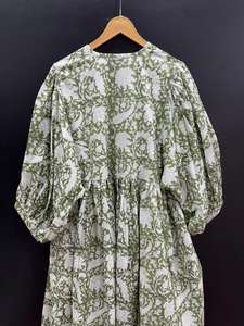 Export Selling Summer Block Printed Cotton <b>Midi</b> <b>Dress</b> <b>with</b> Tassel Puff Sleeves for Casual Gatherings Weekend Outings From India - Product Image 5