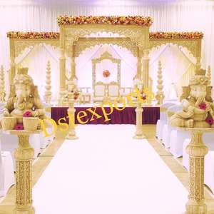 Mandap de Boda Tradicional Exclusivo Estilo Rajwada, Mandap de Boda India de Tres Pilares de FRP con Aspecto de Madera, Decoración de Boda Única para EE. UU. - Product Image 5