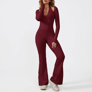 Combinaison à manches longues pour femmes, tenue une pièce, jambe évasée, extensible, vêtements de sport décontractés, vêtements de mode - Product Image 1