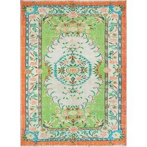 Tapis en laine noué à la main vert vintage, grand format, motif rectangulaire abstrait à médaillon pour la maison, le salon, le couloir - Pae-473 - Product Image 1