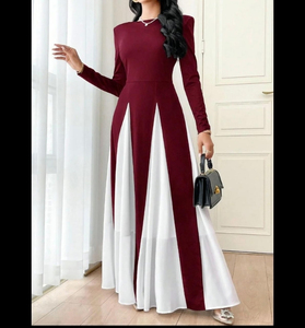 Robe de soirée élégante pour femmes robe longue à manches longues rouge foncé blanc à blocs de couleur paillettes ligne A fente haute drapée longueur plancher - Product Image 2