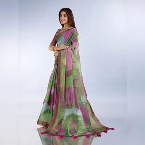 ผ้าส่าหรีพิมพ์ลายกราฟฟิกสีเขียวชมพูแบบกำหนดเอง รุ่น GG-453 ดีไซน์หรูหรา โดดเด่นด้วยลวดลายแบบดั้งเดิมที่เป็นเอกลักษณ์ - Product Image 5