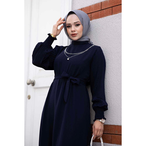 Vestido Hijab Manga Plisada Azul Marino - Product Image 1