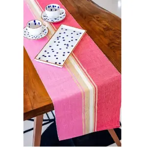 粉色组合条纹长方形户外防水桌布跑步者100% 有机棉GOTS认证桌装饰布