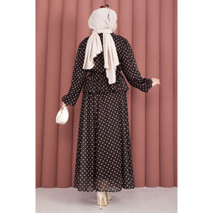 Lady's Coffee Chiffon 2-Piece Outfit Ruffled <b>Skirt</b> Polka Dot Blouse Loose Fit Short Length Tops Cropped XL for Spring/Summer - Product Image 6