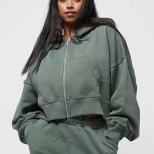 เสื้อฮู้ดผู้หญิงแบบสั้น แขนยาว ผ้าฝ้าย ซิป ครอป ท็อปส์ - Product Image 5