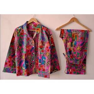 Women Floral Printed <b>Pajama</b> Set Long Sleeve Button Closure Soft Woven 100% Cotton Summer Sleepwear Casual Style Mid Rise Shorts - Product Image 1