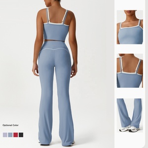 Conjunto de Yoga para Mujer de 2 Piezas, Color Sólido, Leggings de Cintura Alta, Top Corto con Tirantes Finos, Cierre de Cremallera, Ropa Deportiva Azul - Product Image 3