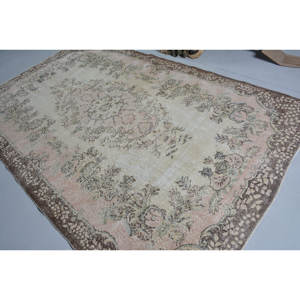 Alfombra turca Vintage de 6x10 pies, beige, marrón, clásico, rectangular, diseño de retazos, lana de ante, piel de conejo sintética, respaldo de látex, 4m de ancho - Product Image 4