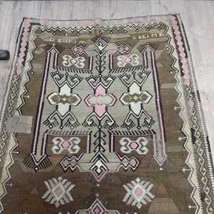 Kilim Vintage Rug, 4.1x12.2 ft Turkish Rug, <b>Brown</b> Floral <b>Wool</b> Rug - Product Image 4