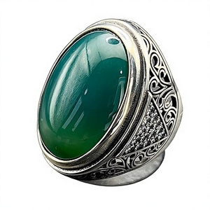Men's Vintage Style Statement <b>Ring</b> Handmade Silver Green Agate Oval Aqeeq Gemstone Eye Shape Pattern Inlay Unique Boho Jewel for - Product Image 1