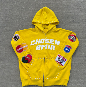 Sudadera con capucha y cremallera con diamantes de imitación y perlas personalizadas, parche bordado, ropa de calle lavada con ácido, sudaderas con capucha con diamantes de imitación y cremallera de peso pesado - Product Image 5