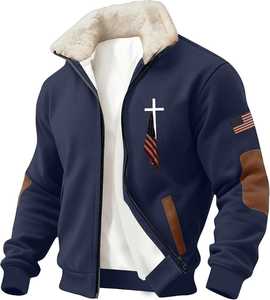 Blouson bomber zippé pour homme en polaire noir à col montant avec logo frontal, imprimé drapeau américain et croix, coupe classique, style moto hiver - Product Image 5