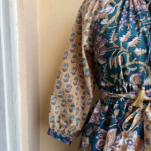 Femmes grande taille à manches longues Maxi robe bloc imprimé coton couleurs mélangées vêtements d'été avec gland décoration 100% coton - Product Image 1